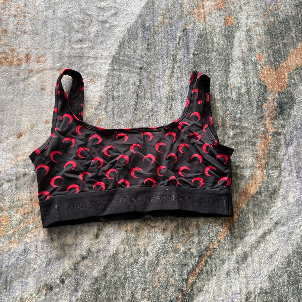 Marine Serre Black and Red Moon Printed Jersey Sports Bra